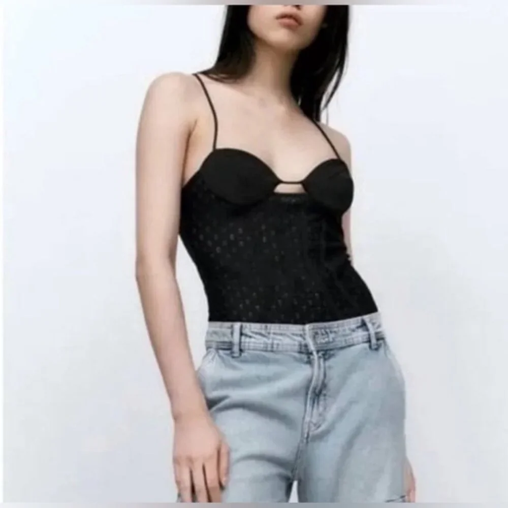 NWT ZARA Black Lace Adjustable Strappy Bodysuit Side Zip 7843/770 Sz‎ XS